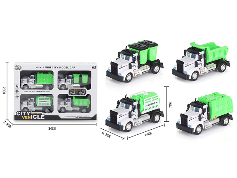 4Pcs 1:64 Pull Back American   Environmental Sanitation Alloy Car Green