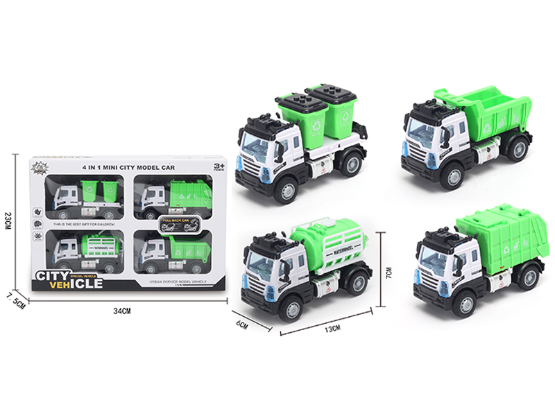 4Pcs 1:64 Pull Back European Environmental Sanitation Alloy Car Green