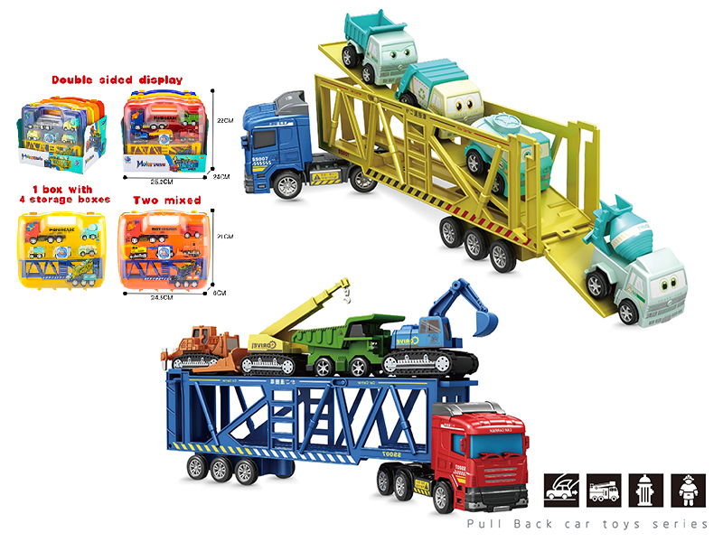 Storage Box +Slide Transport Vehicle + 4 Pull Back Engineering Truck(4pcs/Display Box)