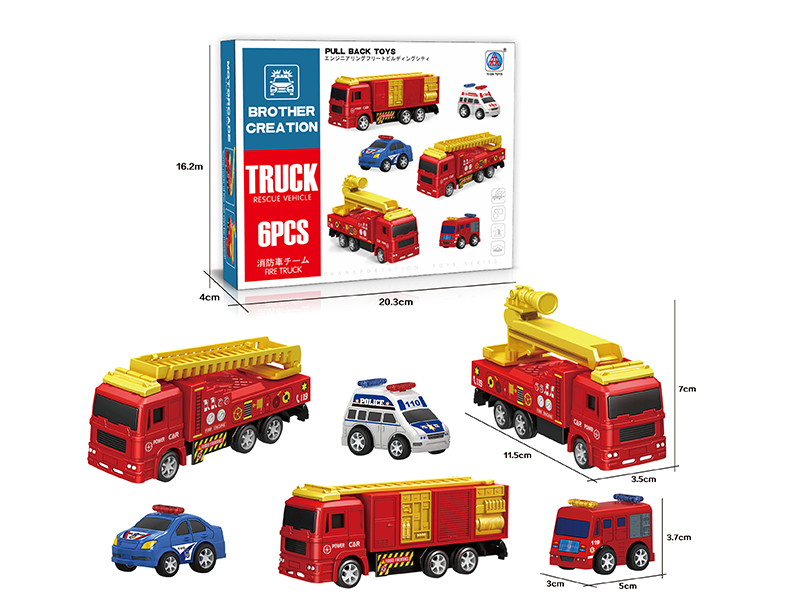 Pull Back Fire Engine & Police Car 6pcs