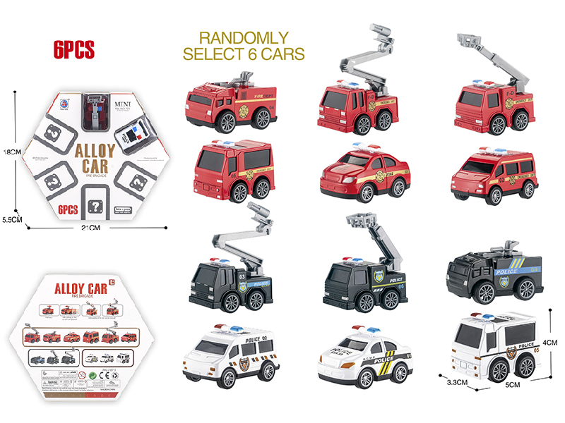 Pull Back Alloy Fire Engine,Police Car 6PCS