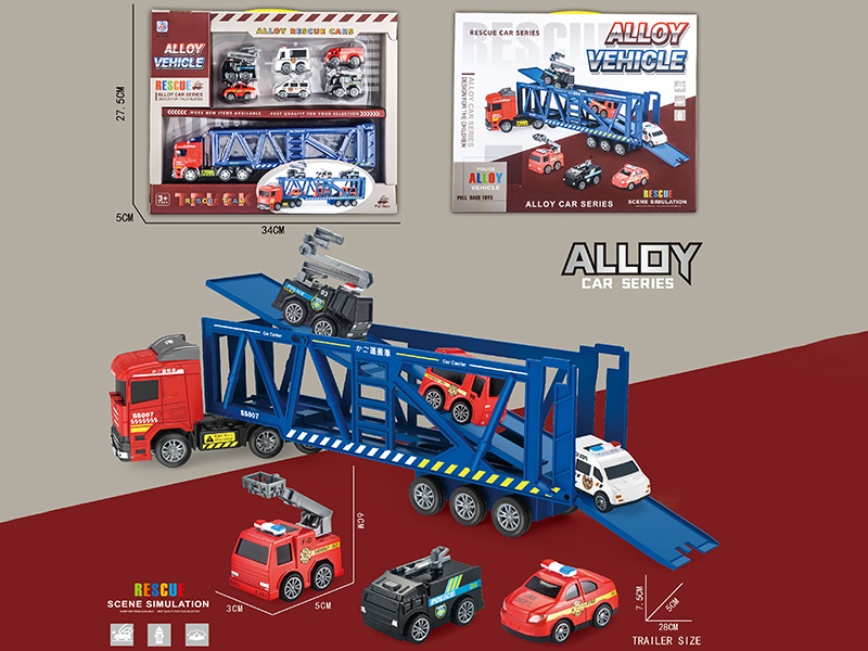 1 Slide Transport Vehicle + 6 Pull Back Alloy Police Car,Fire Engine