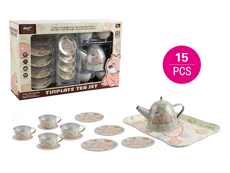 Yellow Bear Pattern Tinplate Tea Set 15PCS