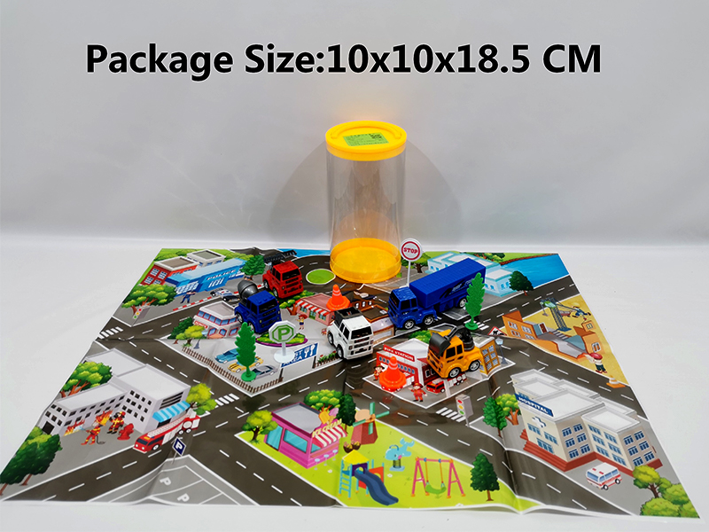 4Pcs Pull Back Engineering Vehicles+Pull Back Container Vehicles+2 Barricades&2 Road Signs&Map Sets