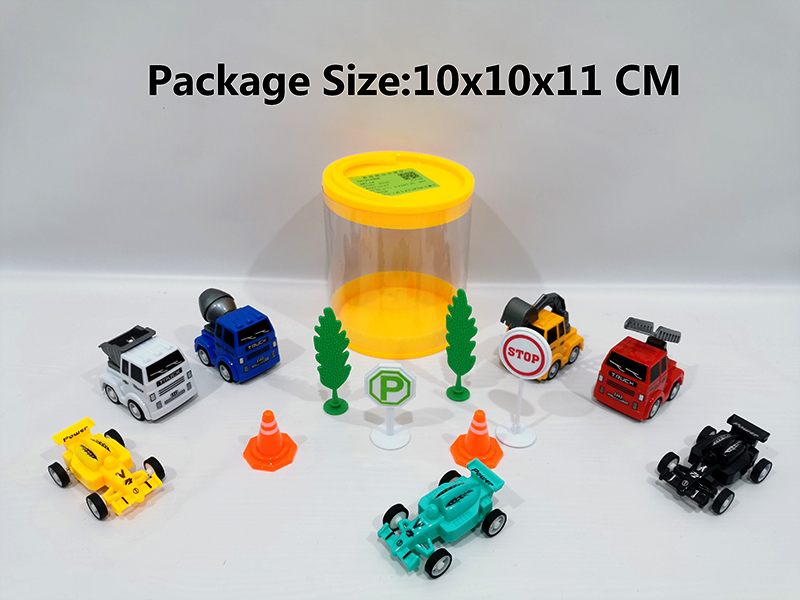4Pcs Pull Back Engineering Cars+3Pcs Pull Back Racing Cars+2 Barricades&2 Road Sign Sets