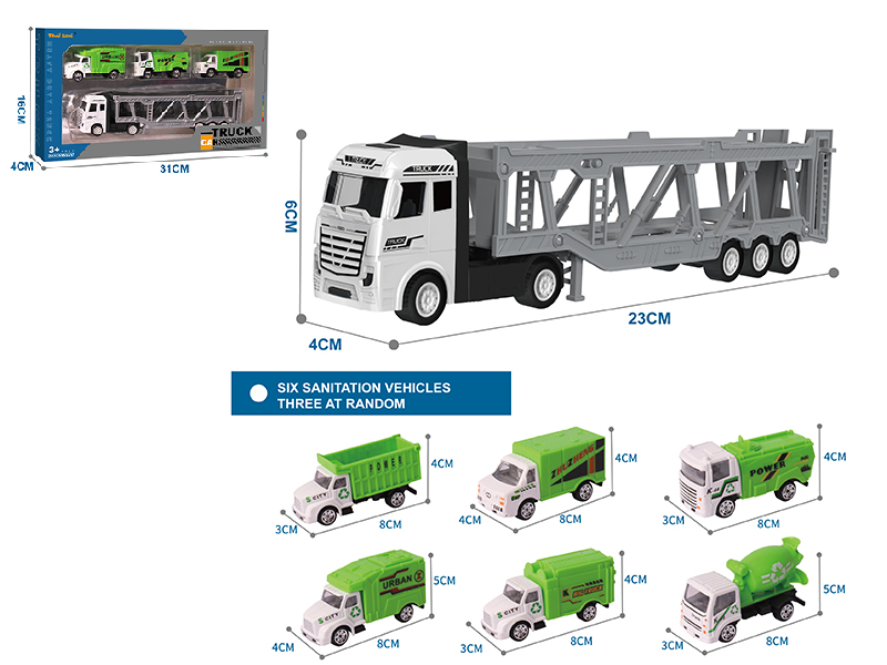 Alloy Car Transporter + 3 Alloy Sanitation Truck