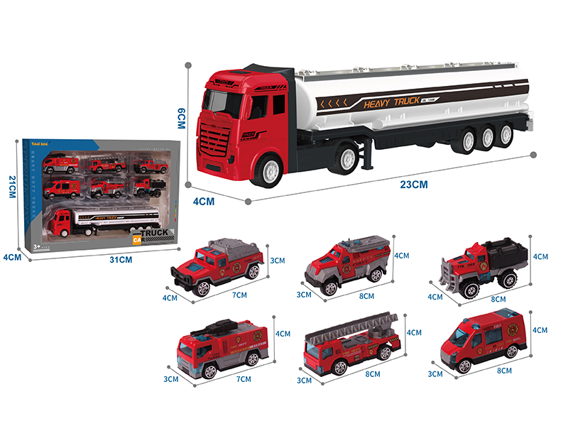 Alloy Oil Tank Truck + 6 Alloy Fire Engine