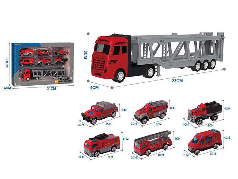 Alloy Car Transporter + 6 Alloy Fire Engine
