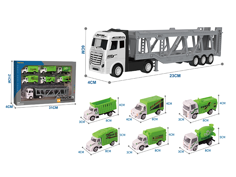 Alloy Car Transporter + 6 Alloy Sanitation Truck