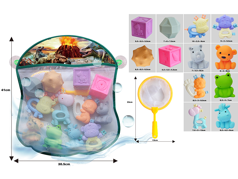 Storage Mesh Bag + Soft Plastic Textured Balls & Animals + Blocks +  Spoon Net + Baby Rattle(13PCS)