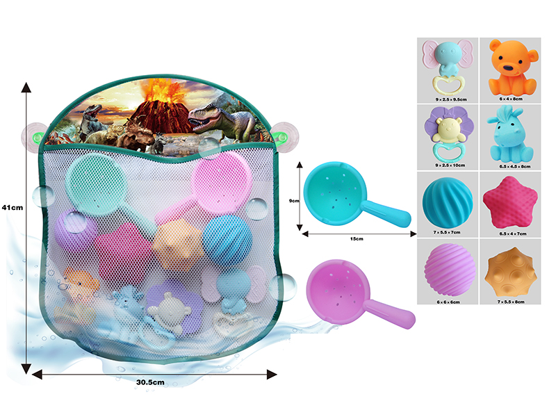 Storage Mesh Bag + Soft Plastic Textured Balls & Animals + Spoon + Baby Rattle(10PCS)