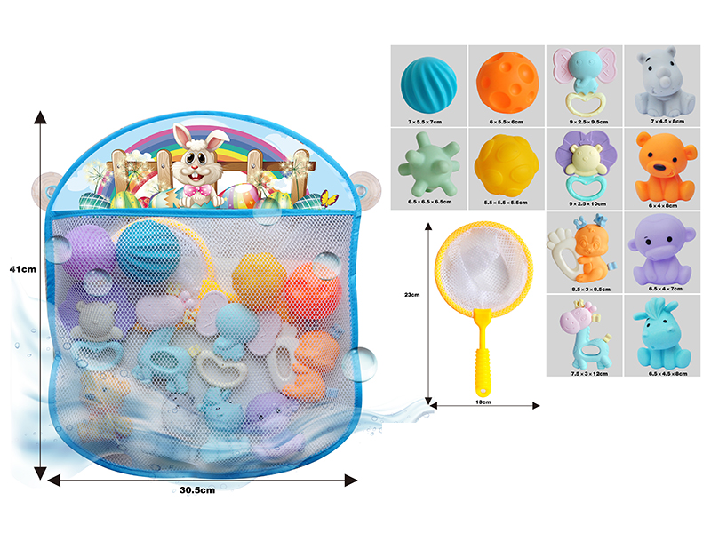 Storage Mesh Bag + Soft Plastic Textured Balls & Animals + Spoon Net + Baby Rattle(13PCS)