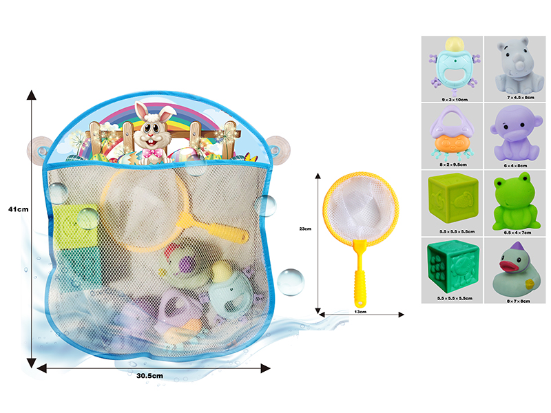 Storage Mesh Bag + Soft Plastic Textured Balls & Animals + Blocks +  Spoon Net + Baby Rattle(13PCS)