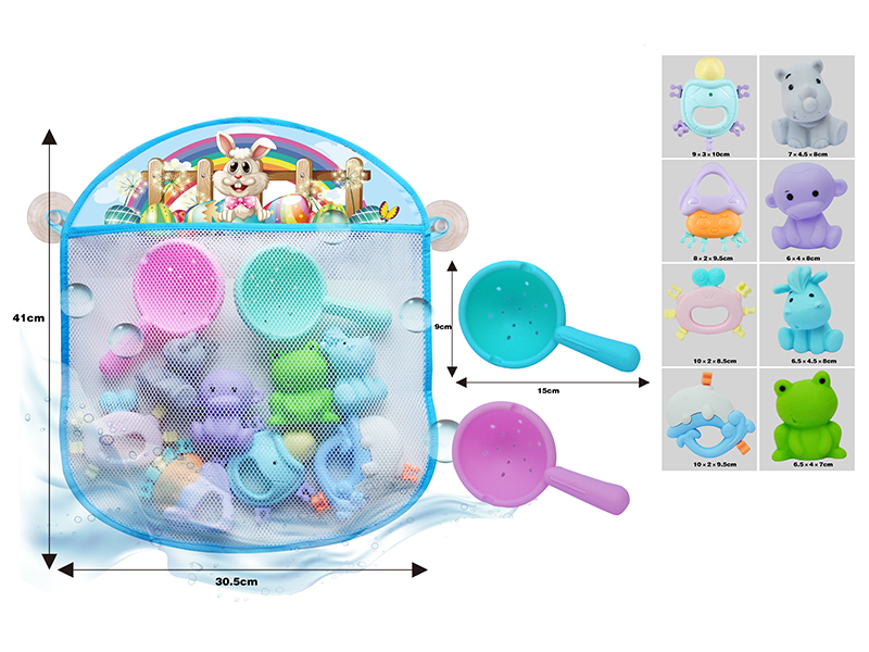 Storage Mesh Bag + Soft Plastic Animals + Spoon + Baby Rattle(10PCS)