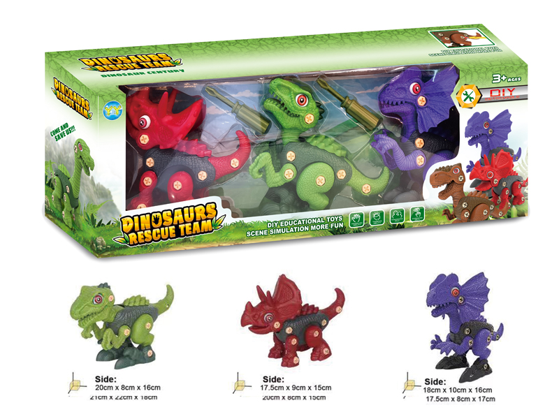 3Pcs Diy Dinosaurs (Velociraptor, Triangular Dragon, Double Crown Dragon)