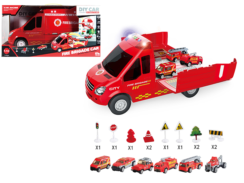 Cartoon Storage Fire Engine(Sound & Light)With Alloy Car,Guidepost