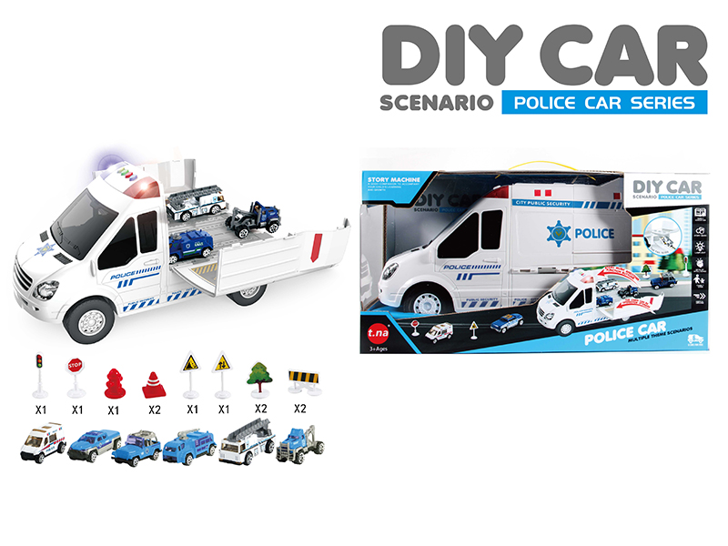 Cartoon Storage Police Car(Sound & Light)With Alloy Car,Guidepost