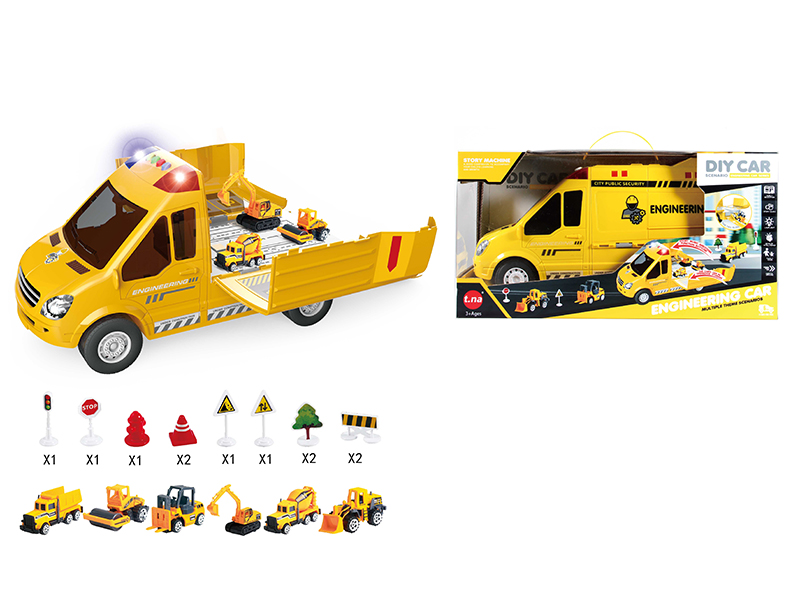 Cartoon Storage Engineering Truck(Sound & Light)With Alloy Car,Guidepost
