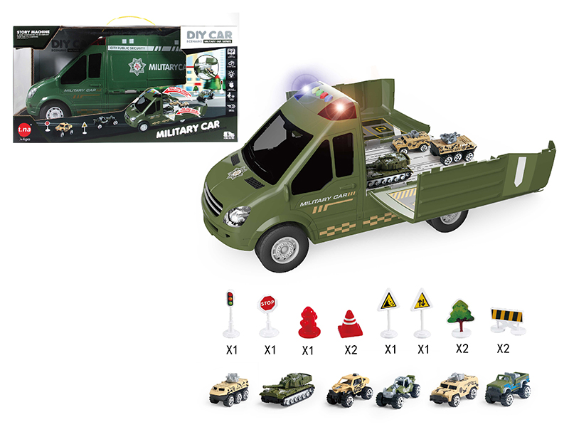 Cartoon Storage Military Truck(Sound & Light)With Alloy Car,Guidepost