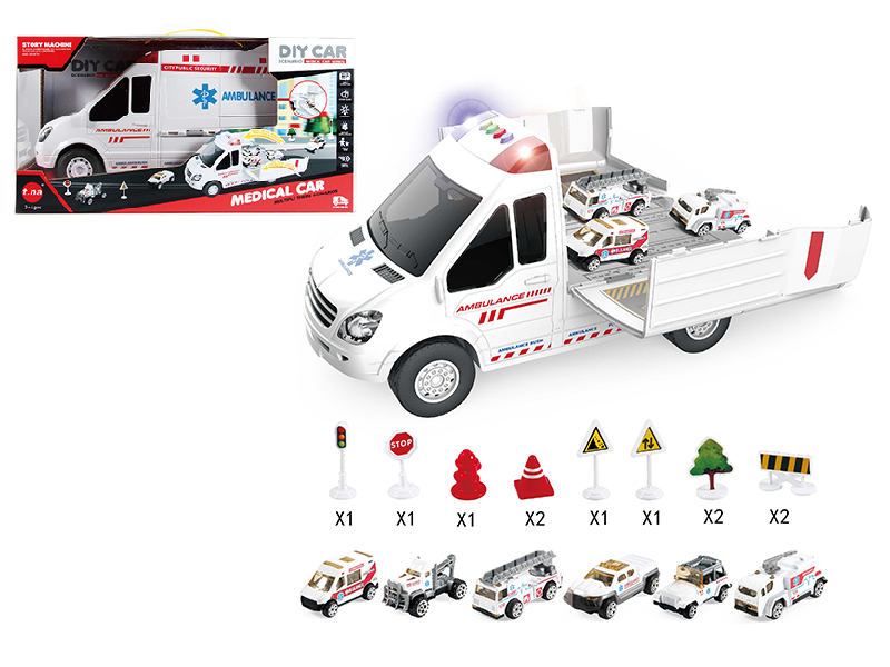 Cartoon Storage Ambulance(Sound & Light)With Alloy Car,Guidepost