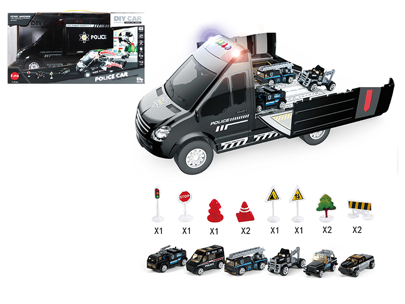 Cartoon Storage Police Car(Sound & Light)With Alloy Car,Guidepost