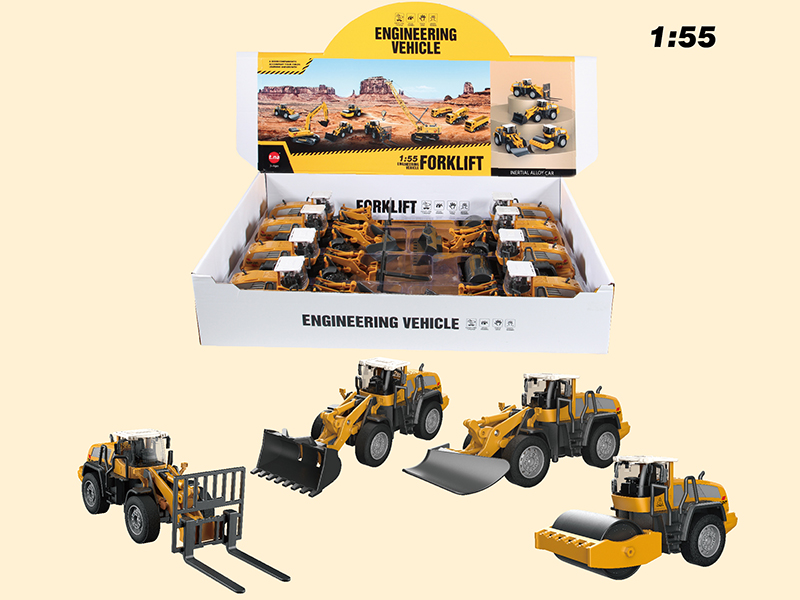 1:55 Alloy Friction Engineering Road Roller/Forklift/Bulldozer/Loader 8pcs