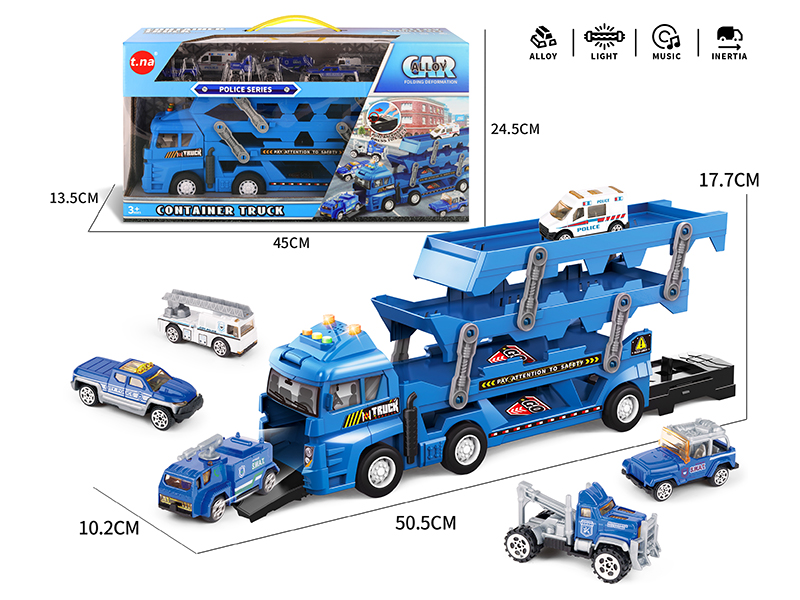 Police Series Fold Container Truck(Sound & Light) With 6 Alloy Car