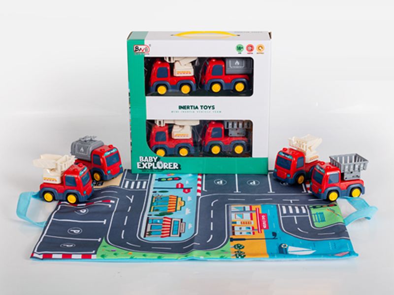 Friction Ladder Truck, Lift Truck, Rescue Truck, Water Cannon Truck(4PCS)+Map Storage Bag