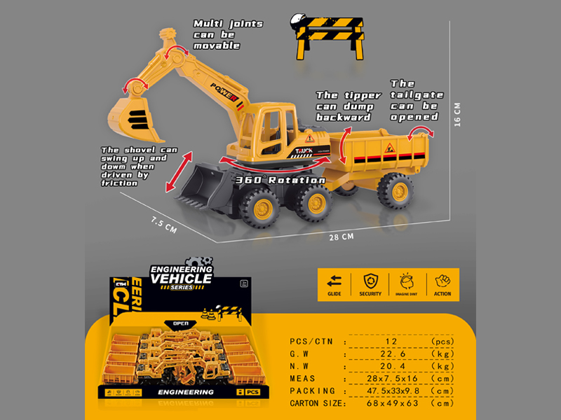 8Pcs Friction 6-Wheel Excavator Transportation Engineering Vehicle