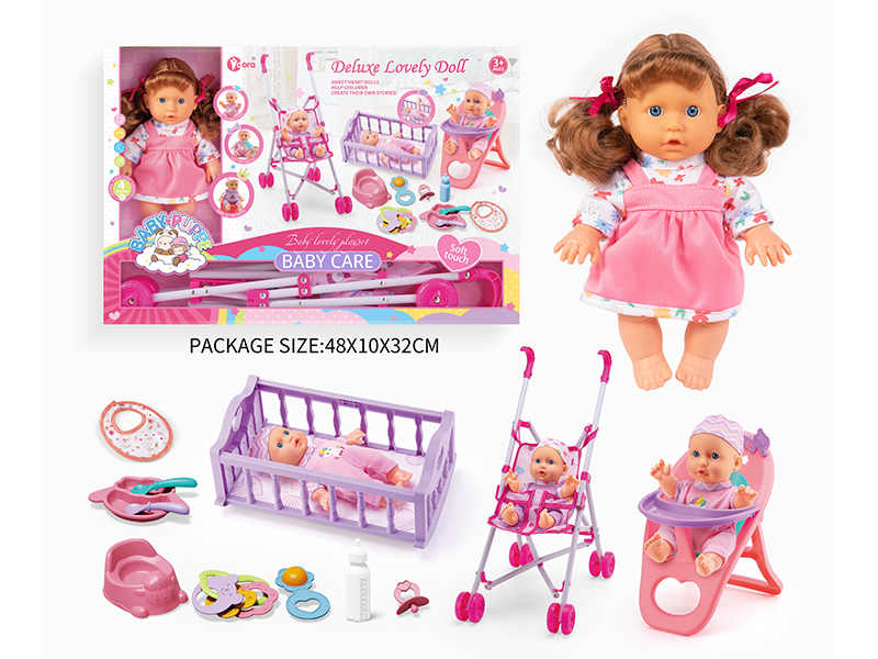 3 In 1 9-Inch Girl Doll  With 4 Sound(Cart, Bed, Dining Chair)