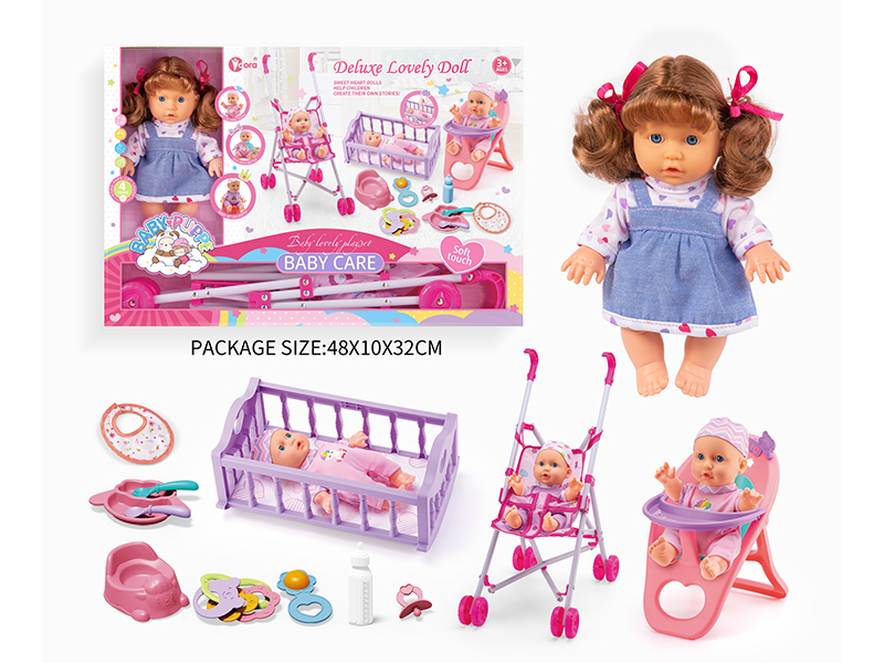 3 In 1 9-Inch Girl Doll  With 4 Sound(Cart, Bed, Dining Chair)