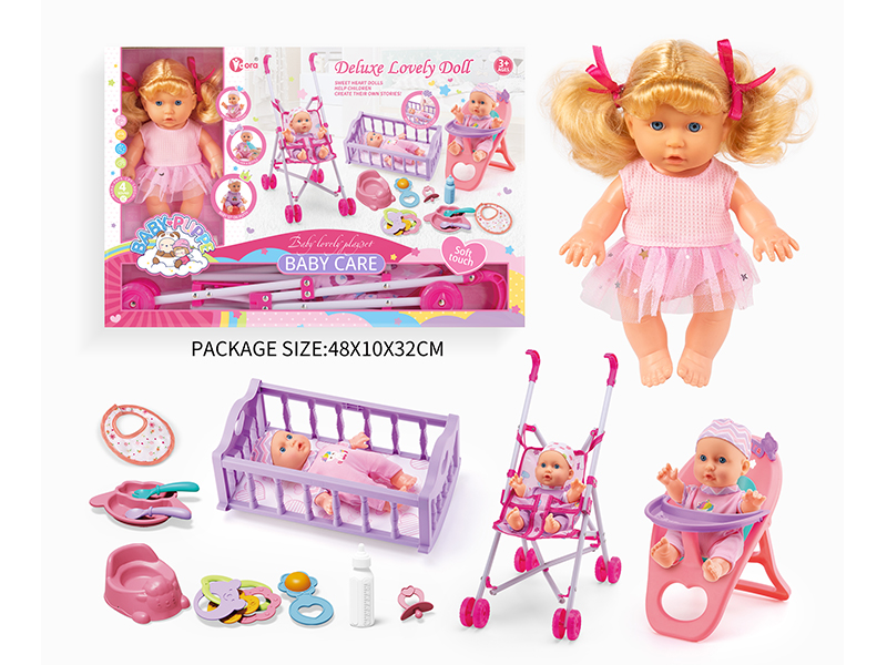 3 In 1 9-Inch Girl Doll  With 4 Sound(Cart, Bed, Dining Chair)