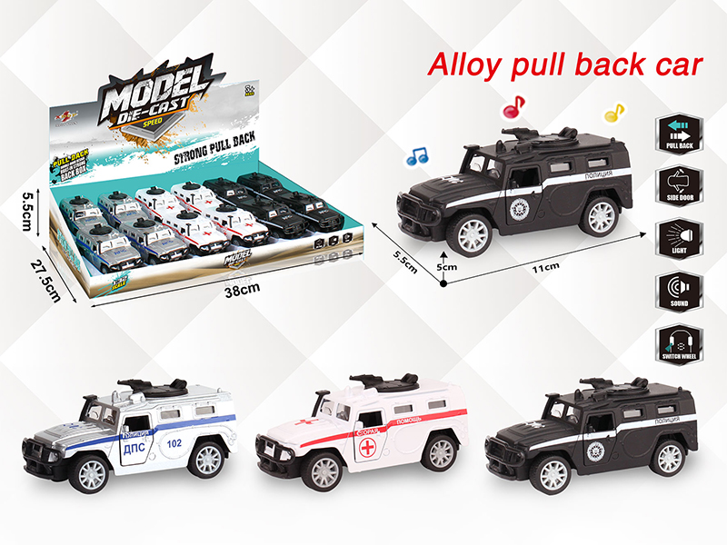 1:32 Russian Alloy Open Doors Pull Back Police Car Military Truck With Light And Music(12PCS)
