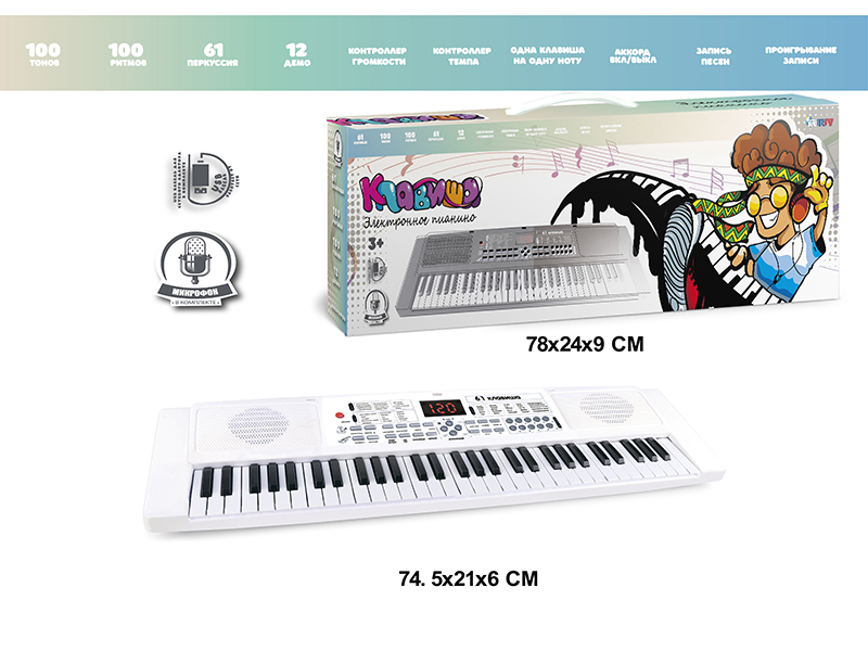 61 Keys Multifunctional Electronic Organ With Digital, USB Cable, Microphone (White)