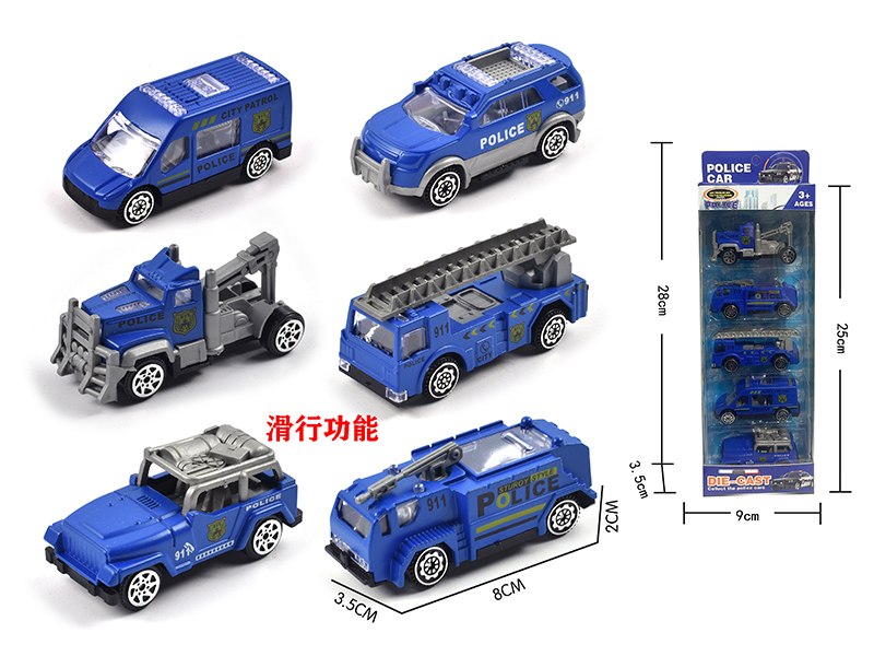 5Pcs Slide Alloy Police Car