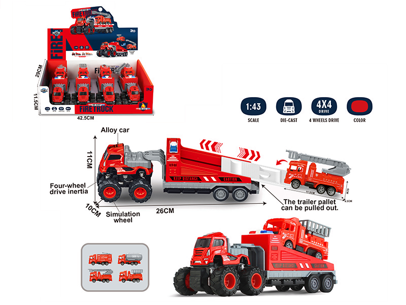 4WD Friction Alloy Rescue Trailer With Fire Engine(4PCS)