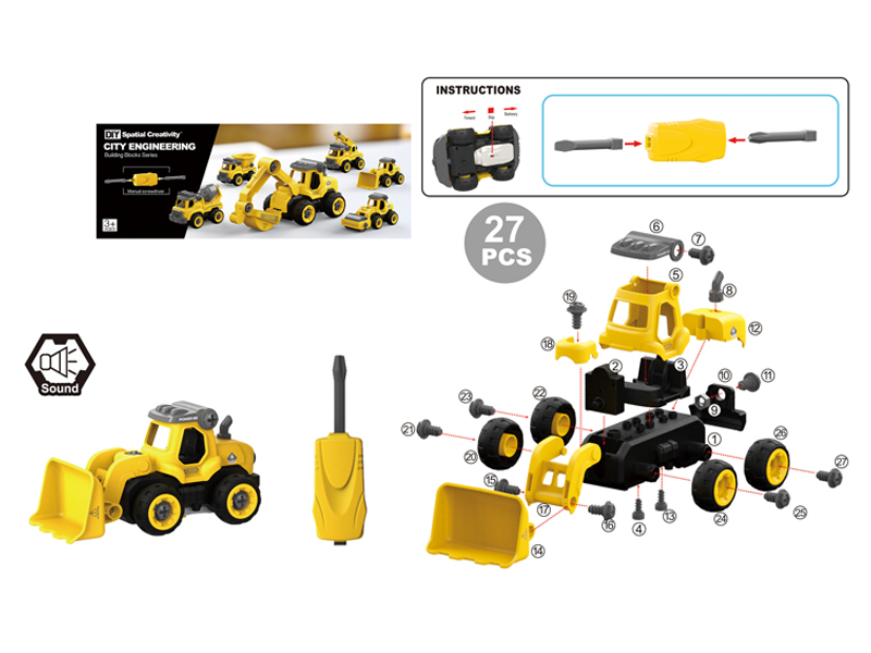 Assembled Manual Bulldozer Engineering Vehicle 27Pcs