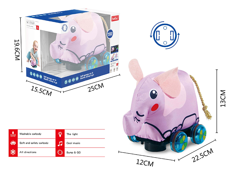 B/O Go And Bump Elephant Plush Cloth Car With Lights
