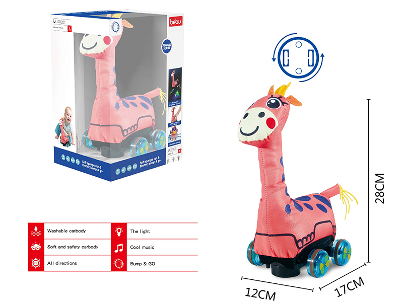 B/O Go And Bump Giraffe Plush Cloth Car With Lights