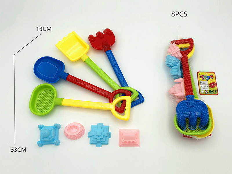 8PCS Beach Toys（Sandrakes+Shovel+Round Shovel+Hourglass+Castle）