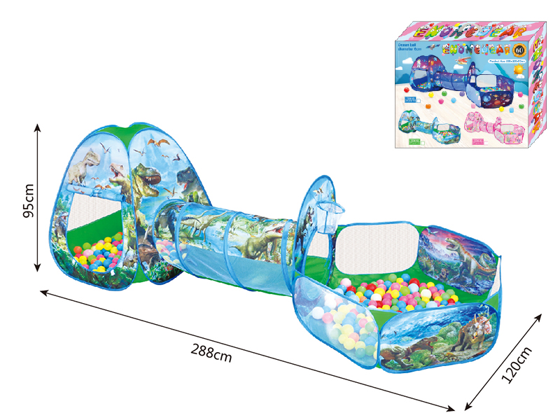 3 In 1 Dinosaur Play Tent + Crawl Tunnel + Ball Pool With Basketball Hoop + 60 Balls