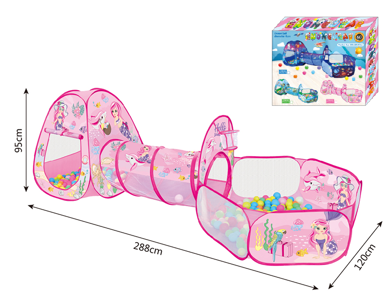 3 In 1 Mermaid Play Tent + Crawl Tunnel + Ball Pool With Basketball Hoop + 60 Balls