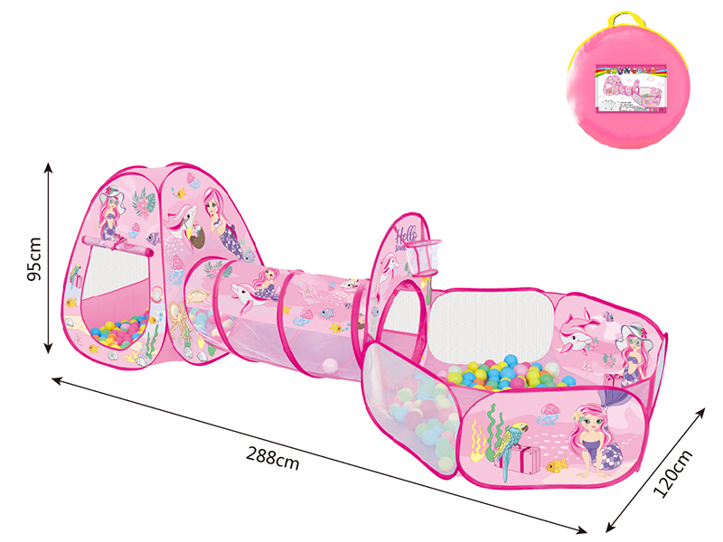 3 In 1 Mermaid Play Tent + Crawl Tunnel + Ball Pool With Basketball Hoop