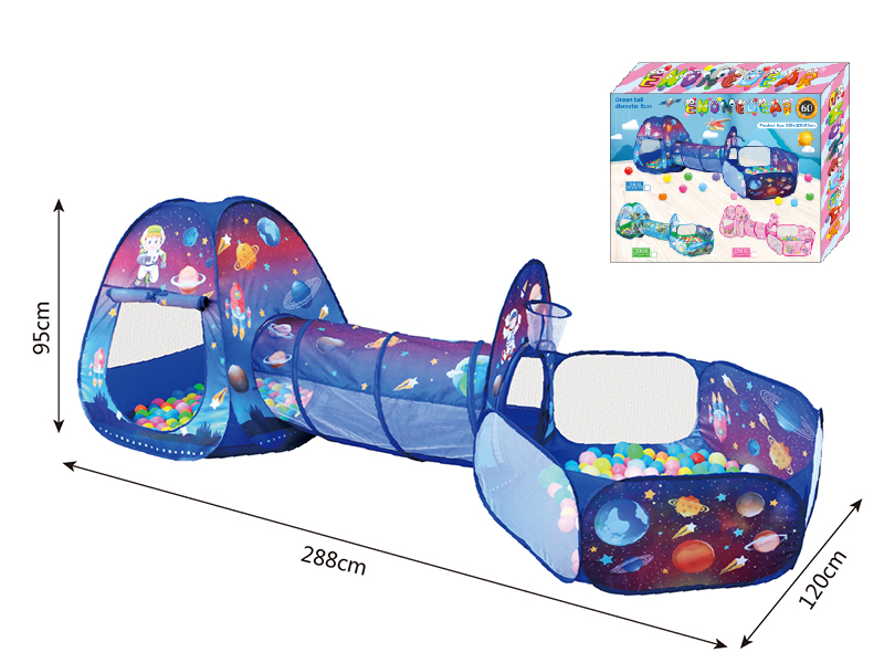 3 In 1 Space Theme Play Tent + Crawl Tunnel + Ball Pool With Basketball Hoop + 60 Balls