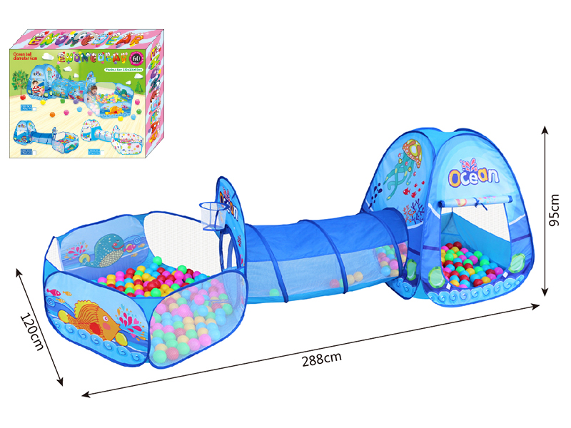 3 In 1 Ocean Theme Play Tent + Crawl Tunnel + Ball Pool With Basketball Hoop + 60 Balls