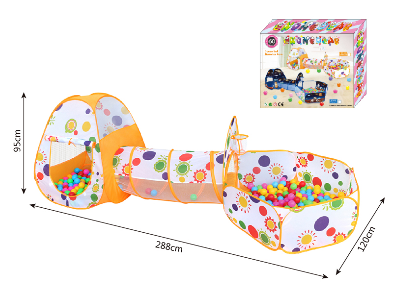 3 In 1 Play Tent + Crawl Tunnel + Ball Pool With Basketball Hoop + 60 Balls