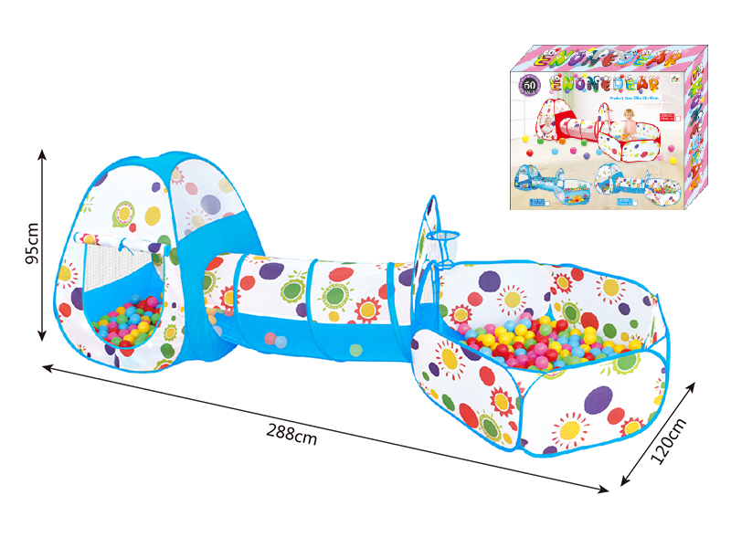3 In 1 Play Tent + Crawl Tunnel + Ball Pool With Basketball Hoop + 60 Balls