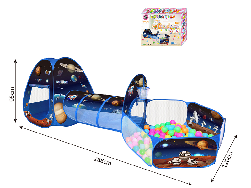 3 In 1 Space Theme Play Tent + Crawl Tunnel + Ball Pool With Basketball Hoop + 60 Balls