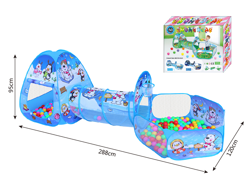 3 In 1  Penguin Pattern Play Tent + Crawl Tunnel + Ball Pool With Basketball Hoop + 60 Balls