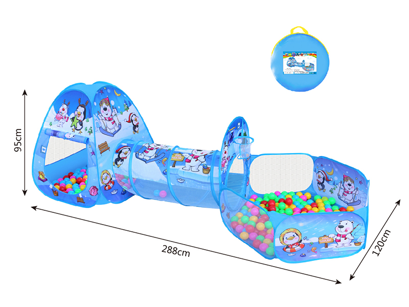 3 In 1  Penguin Pattern Play Tent + Crawl Tunnel + Ball Pool With Basketball Hoop